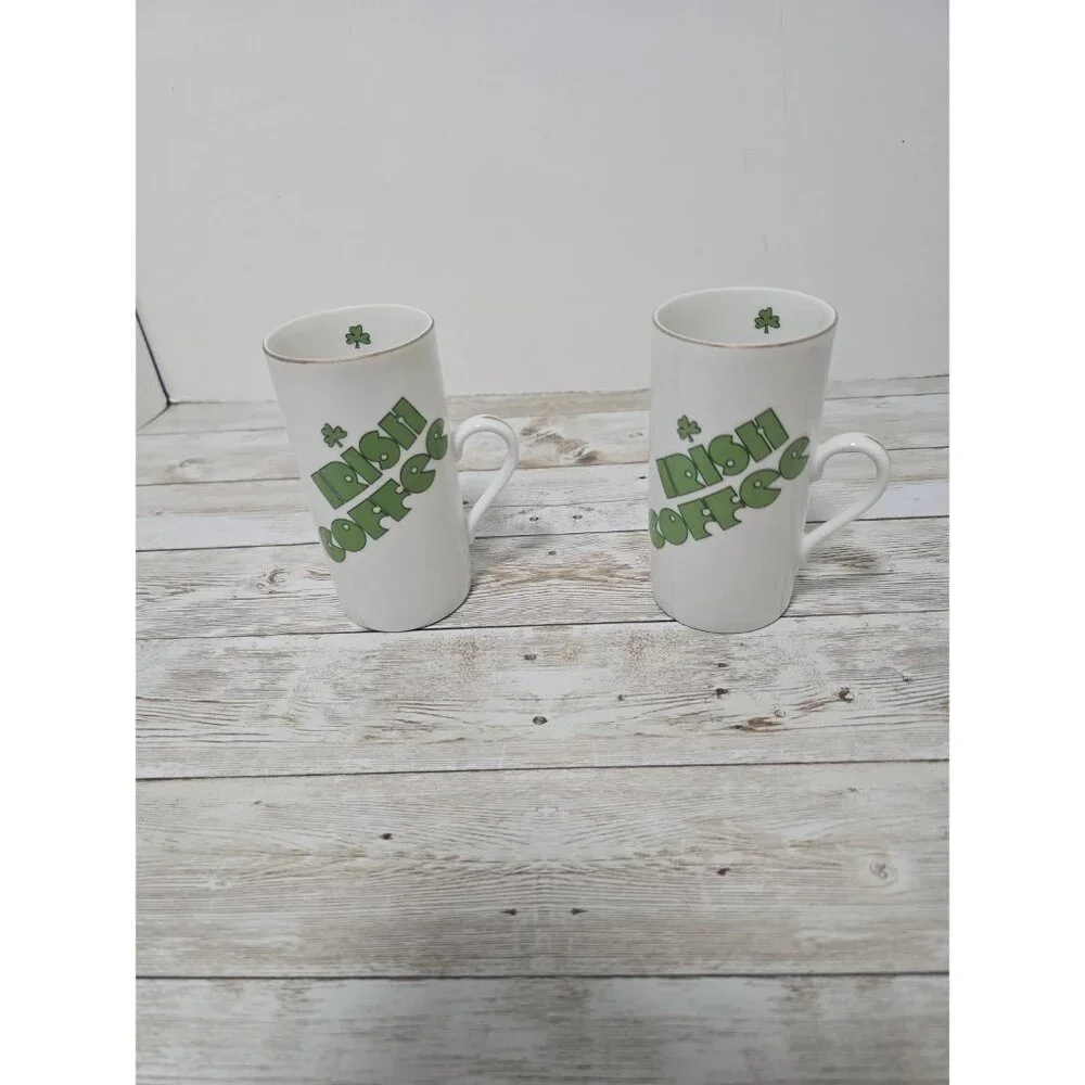 Set of two vintage Irish Coffee mugs with shamrock details and recipe‎